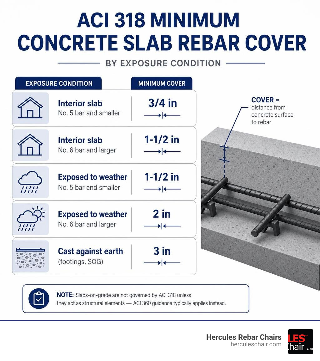 Infographic showing ACI 318 minimum concrete slab rebar cover by exposure condition infographic