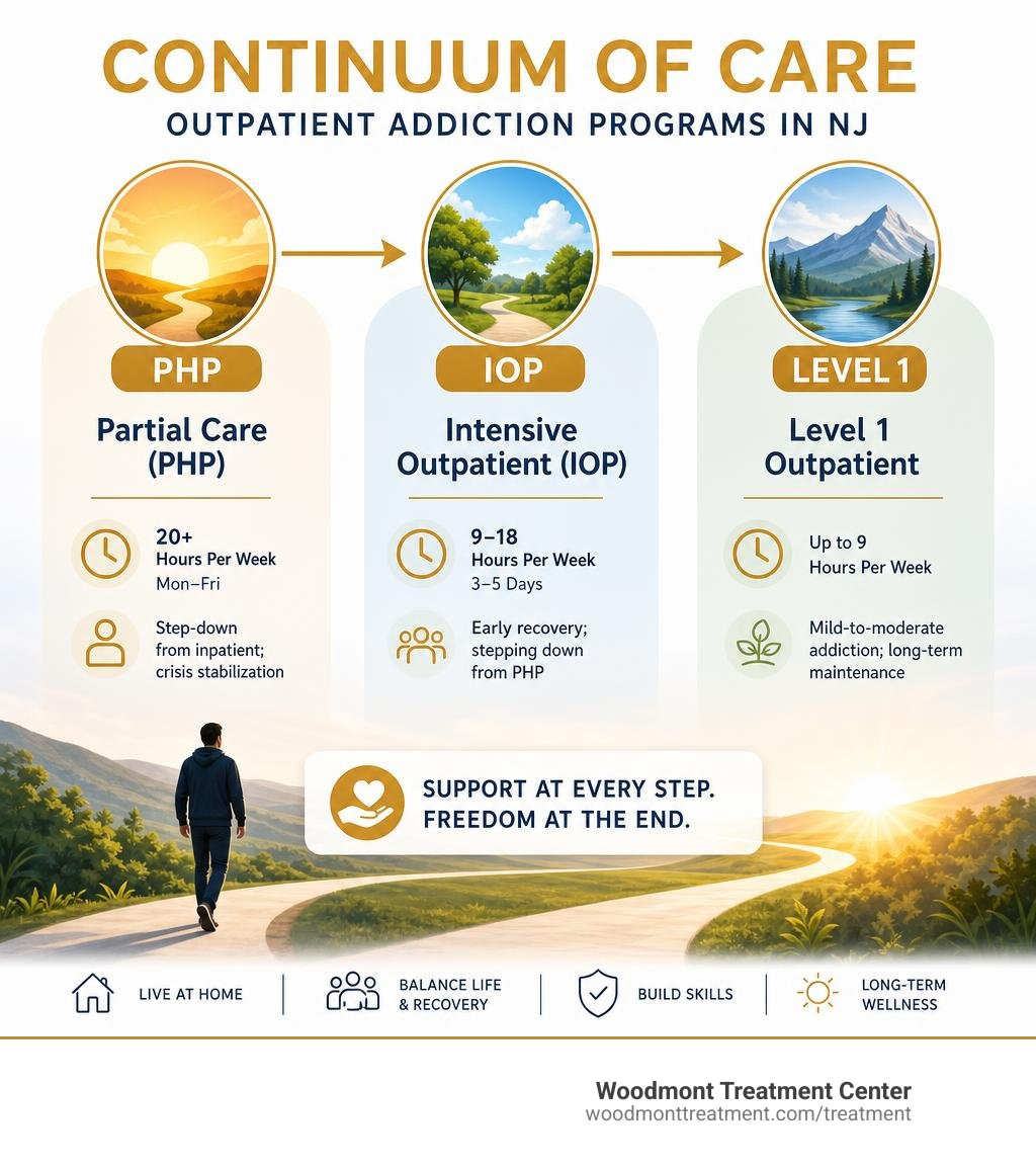 Continuum of care for outpatient addiction programs in NJ from PHP to IOP to Level 1 outpatient infographic Continuum of care for outpatient addiction programs in NJ from PHP to IOP to Level 1 outpatient infographic