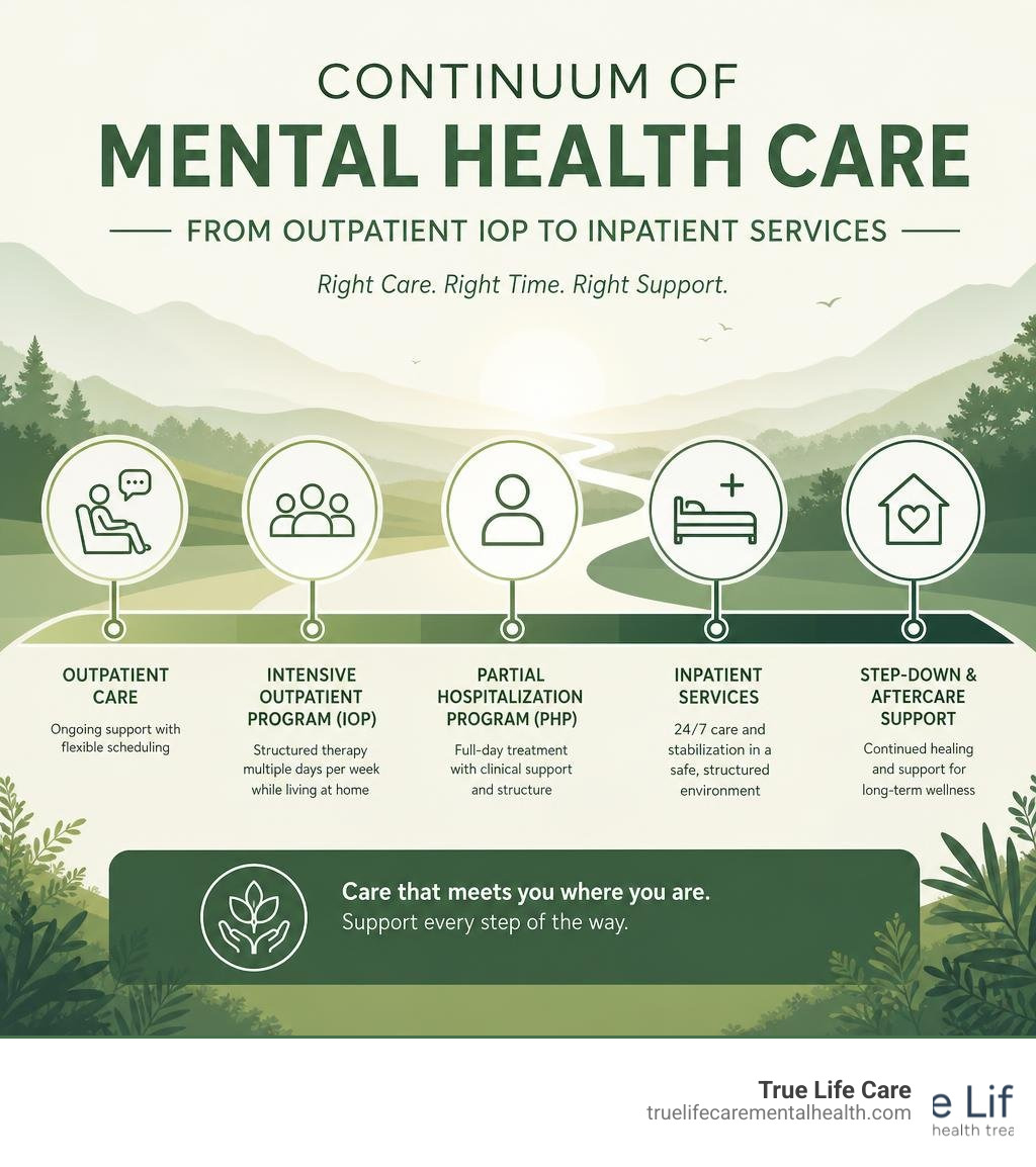 Continuum of mental health care from outpatient IOP to inpatient services infographic infographic Continuum of mental health care from outpatient IOP to inpatient services infographic infographic