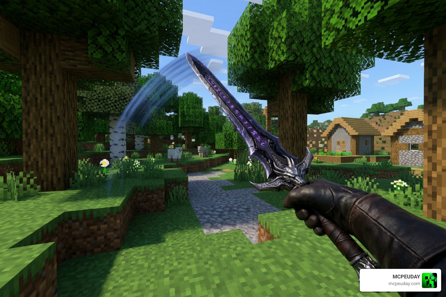 Minecraft player wielding a beautifully animated custom sword in first-person view