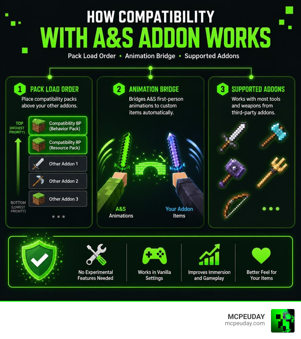How Compatibility with A&S Addon works: pack load order, animation bridge, and supported addons infographic