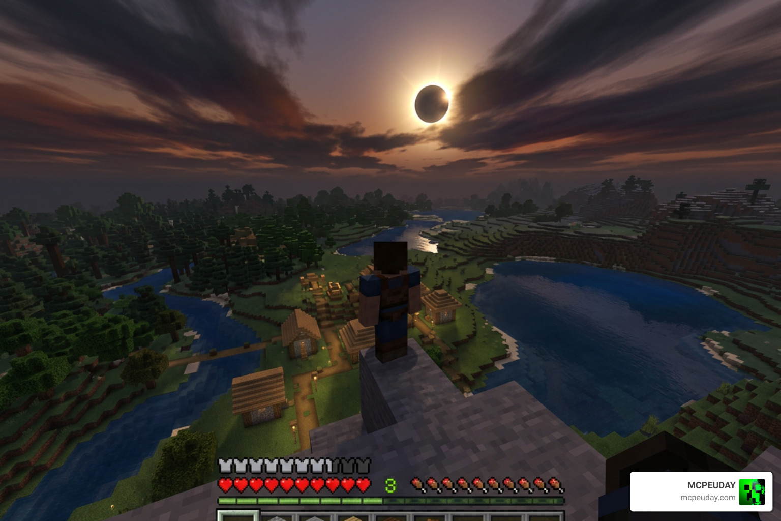 Minecraft Bedrock world running Howard Eclipse Shader with custom skies