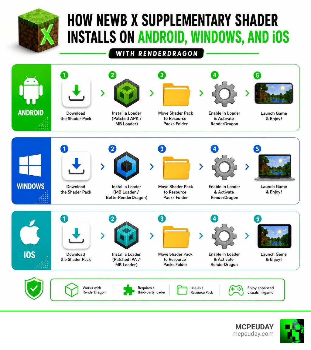 How Newb X Supplementary Shader installs on Android, Windows, and iOS with RenderDragon infographic How Newb X Supplementary Shader installs on Android, Windows, and iOS with RenderDragon infographic