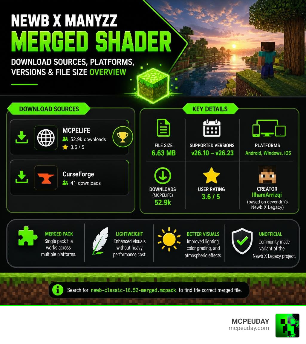 Newb X Manyzz Merged Shader download sources, platforms, versions, and file size overview infographic Newb X Manyzz Merged Shader download sources, platforms, versions, and file size overview infographic