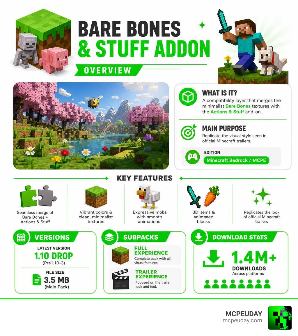 Bare Bones & Stuff Addon overview infographic: what it is, key features, versions, and download stats infographic
