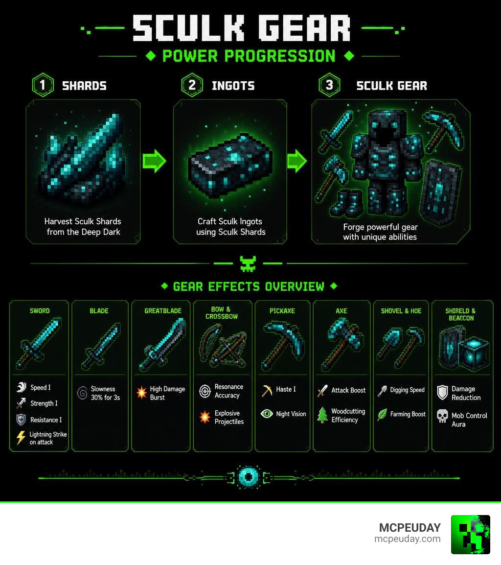 Sculk gear power progression from Shards to Ingots to full equipment set with status effects infographic Sculk gear power progression from Shards to Ingots to full equipment set with status effects infographic