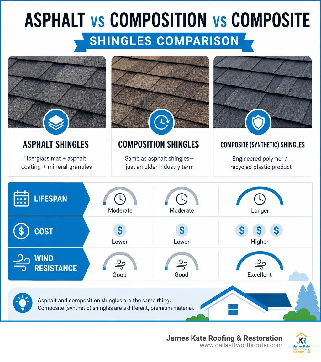 Asphalt vs composition vs composite shingles comparison infographic showing lifespan, cost, and wind resistance infographic Asphalt vs composition vs composite shingles comparison infographic showing lifespan, cost, and wind resistance infographic