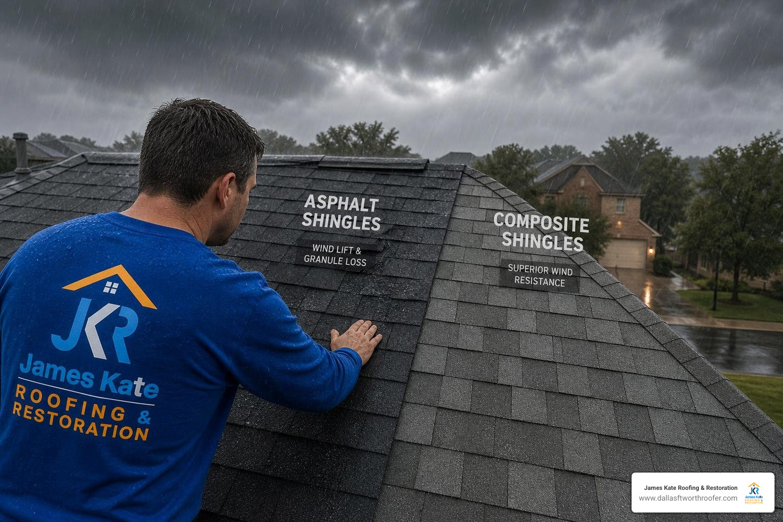 durability comparison of architectural and composite shingles in DFW storms with a James Kate team member in a royal blue durability comparison of architectural and composite shingles in DFW storms with a James Kate team member in a royal blue
