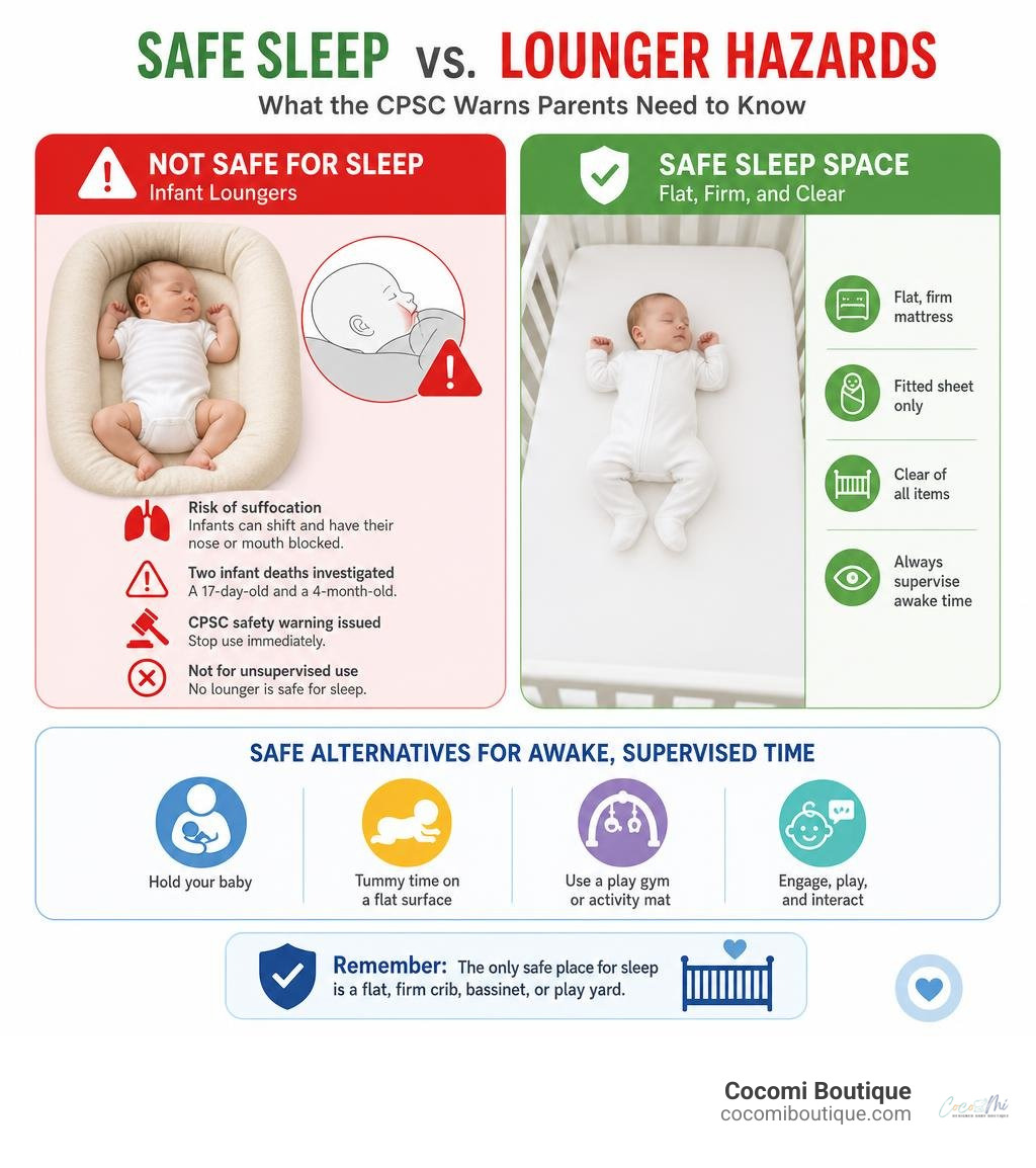 Safe sleep vs lounger hazards infographic showing CPSC warnings and safe alternatives infographic