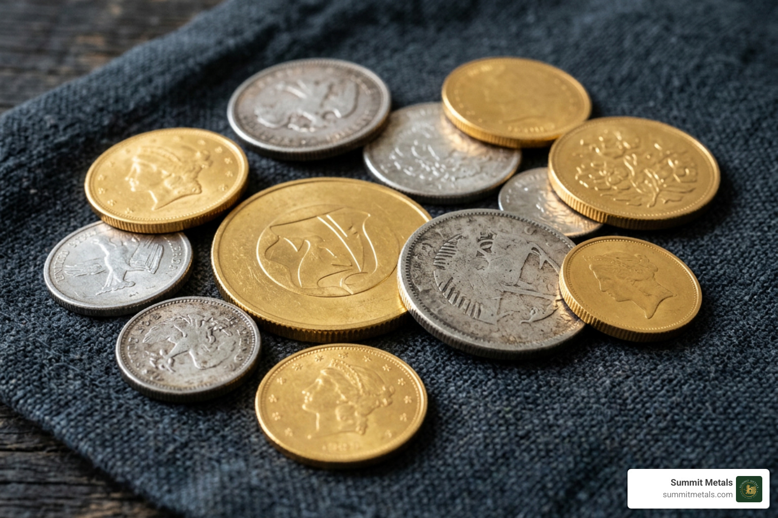 gold and silver coins and bullion on dark background gold and silver coins and bullion on dark background