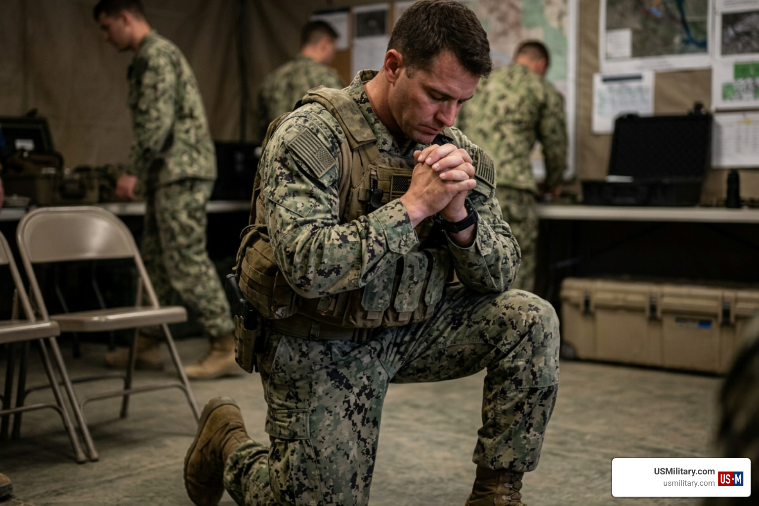 Christian Navy SEAL in prayer before a mission, faith in combat Christian Navy SEAL in prayer before a mission, faith in combat
