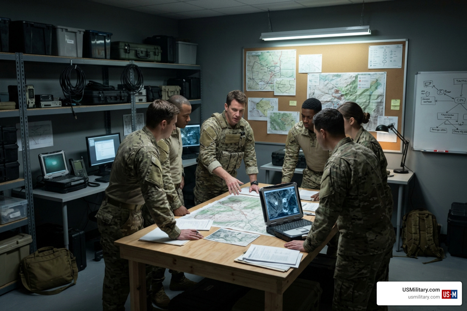 American special operations planning room with maps and equipment American special operations planning room with maps and equipment