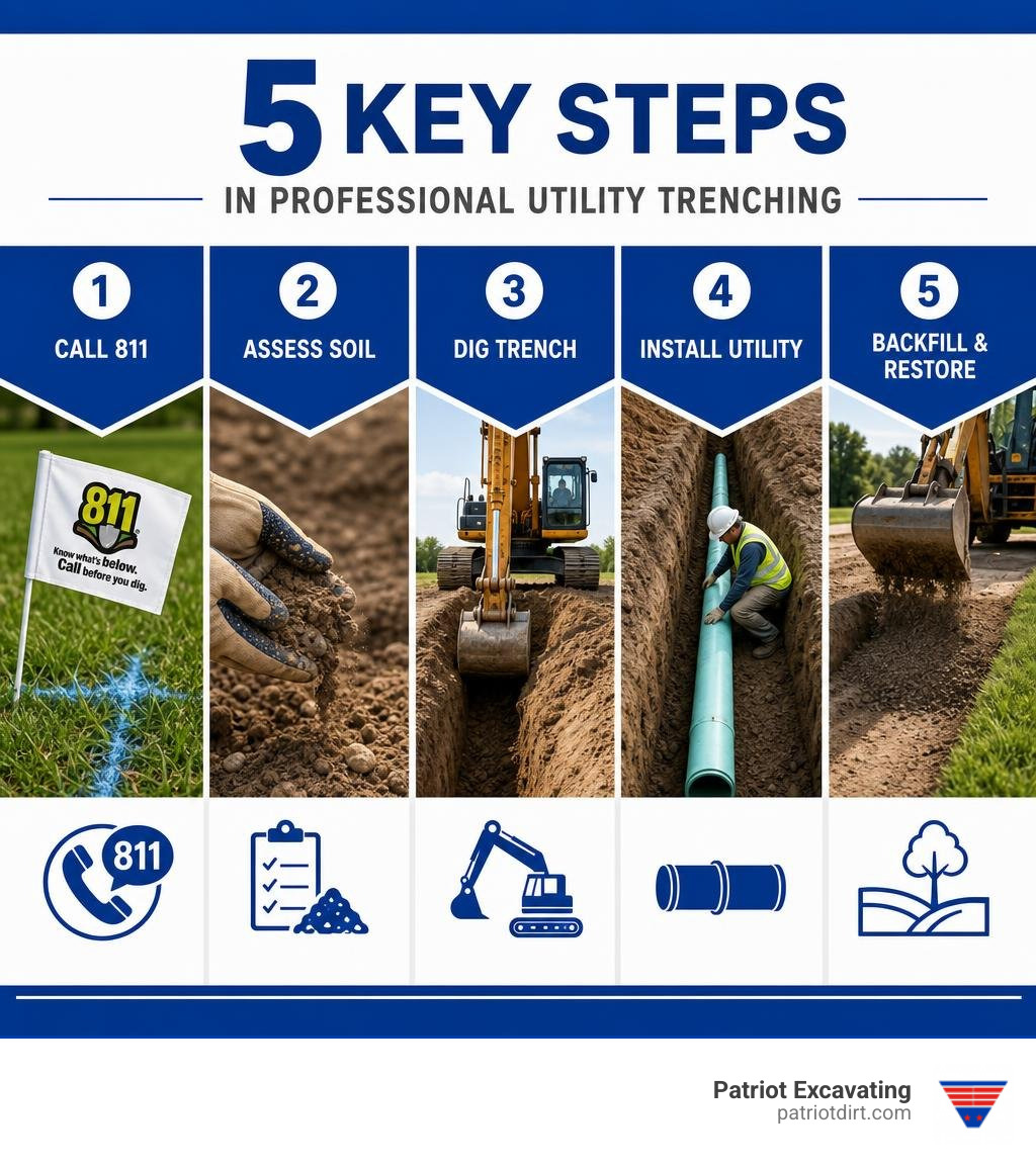 Infographic showing the 5 key steps in professional utility trenching: call 811, assess soil, dig trench, install utility Infographic showing the 5 key steps in professional utility trenching: call 811, assess soil, dig trench, install utility