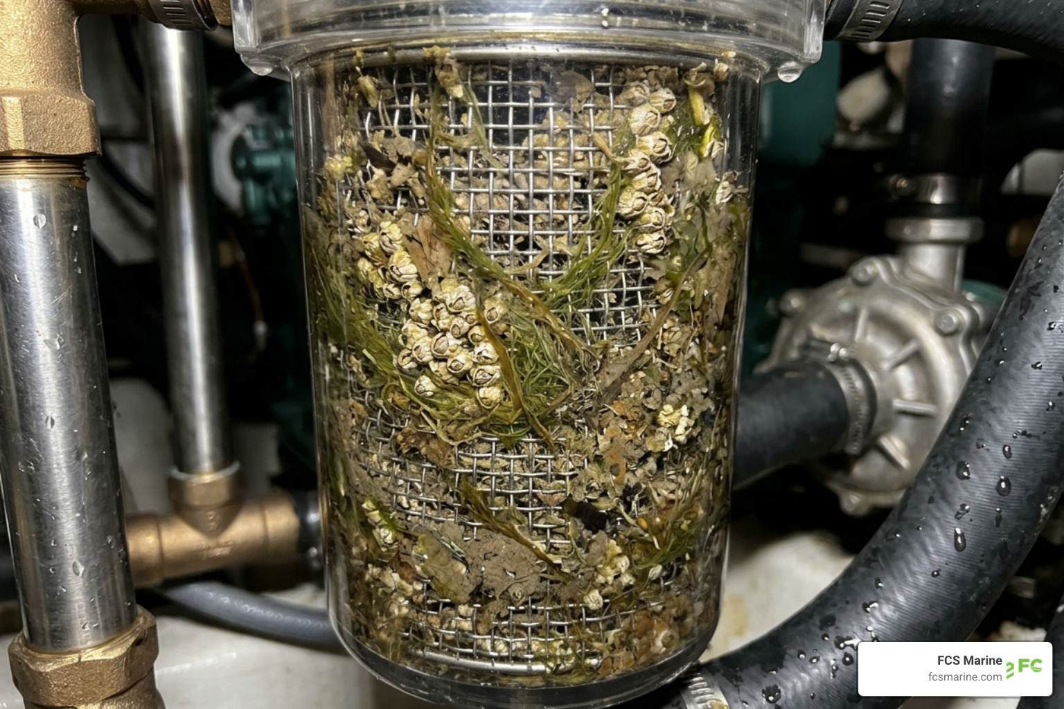 clogged marine sea strainer with marine growth