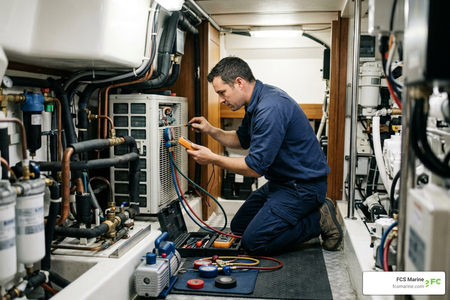 marine technician servicing a yacht AC unit