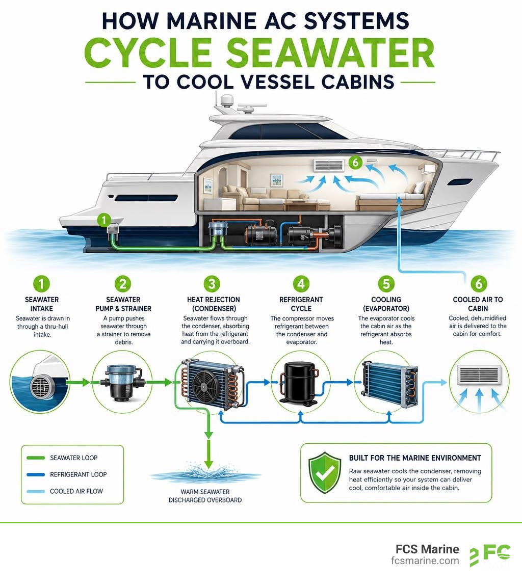 How marine AC systems cycle seawater to cool vessel cabins infographic infographic