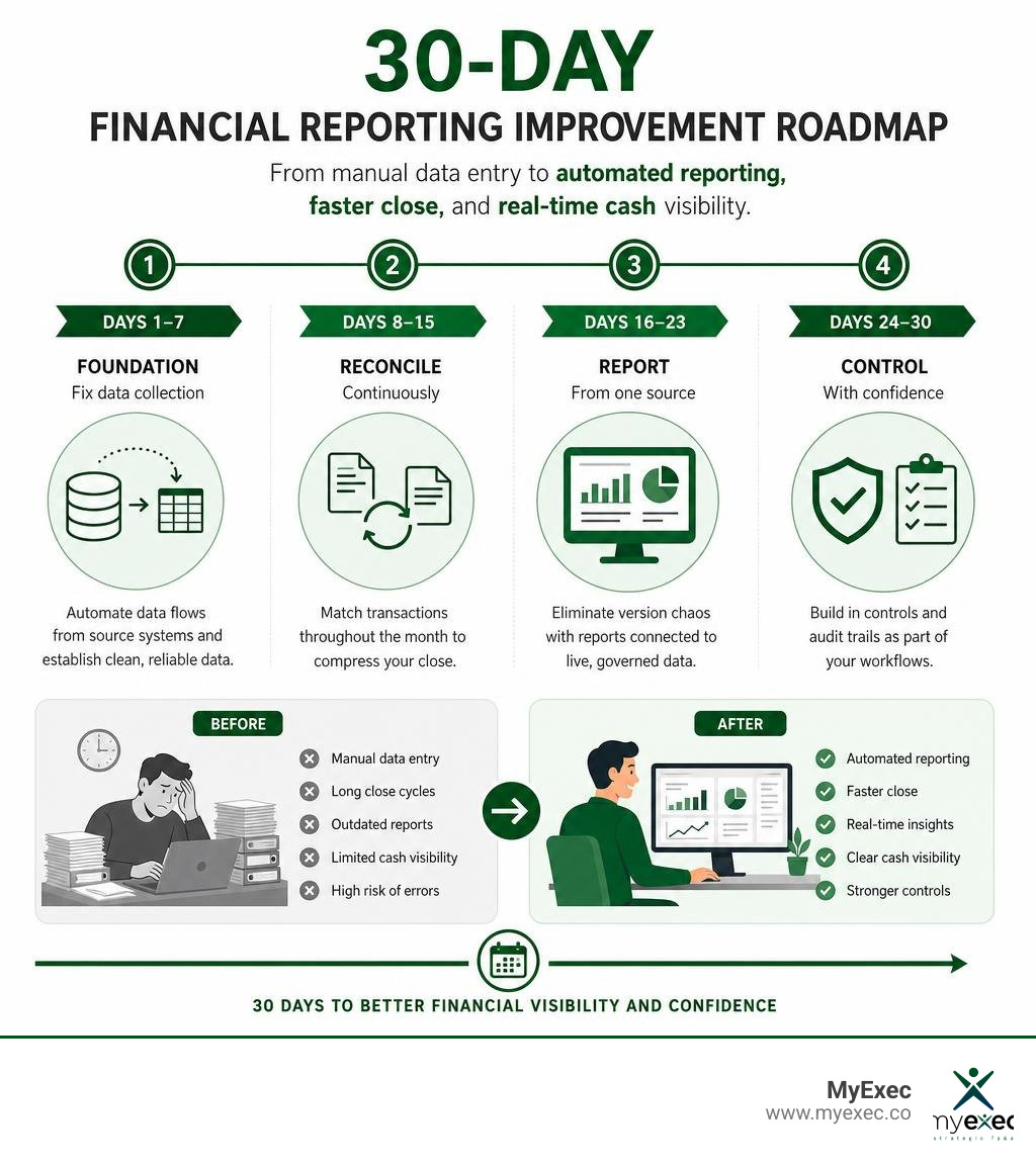 30-day financial reporting improvement roadmap showing manual data entry transformed into automated reporting, faster close 30-day financial reporting improvement roadmap showing manual data entry transformed into automated reporting, faster close