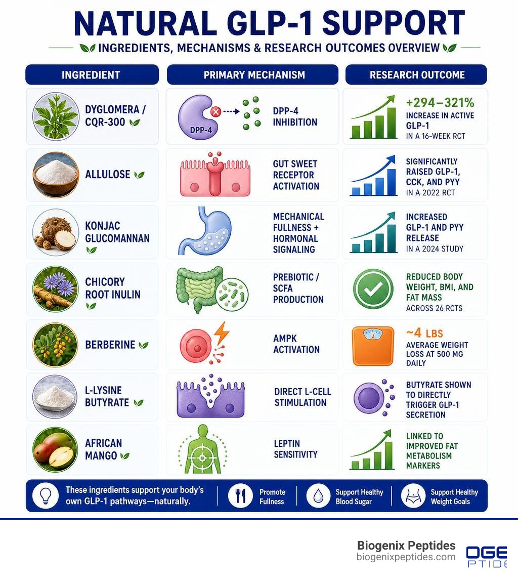 Natural GLP-1 support ingredients, mechanisms, and research outcomes overview infographic