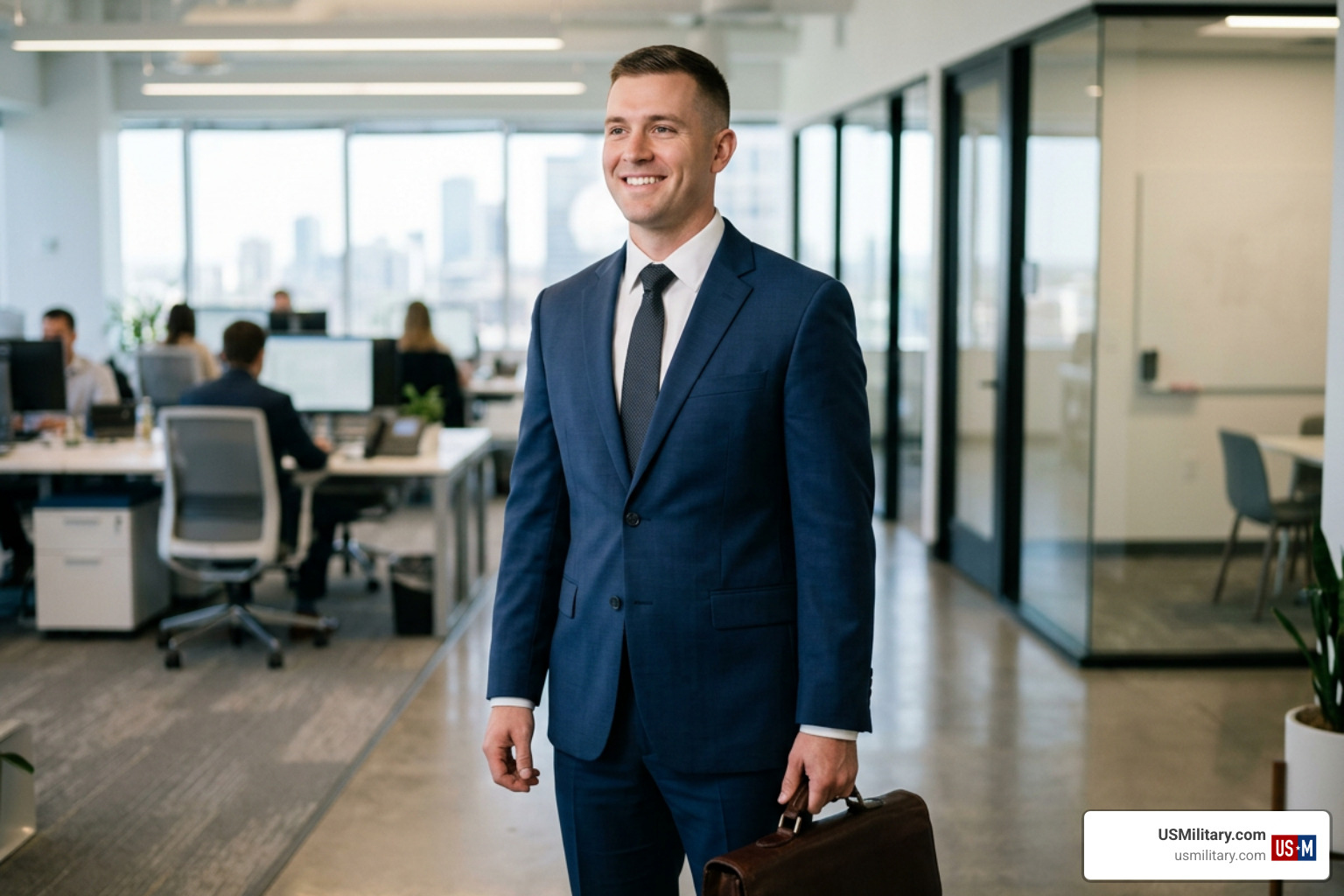Army soldier transitioning to civilian career in professional attire Army soldier transitioning to civilian career in professional attire