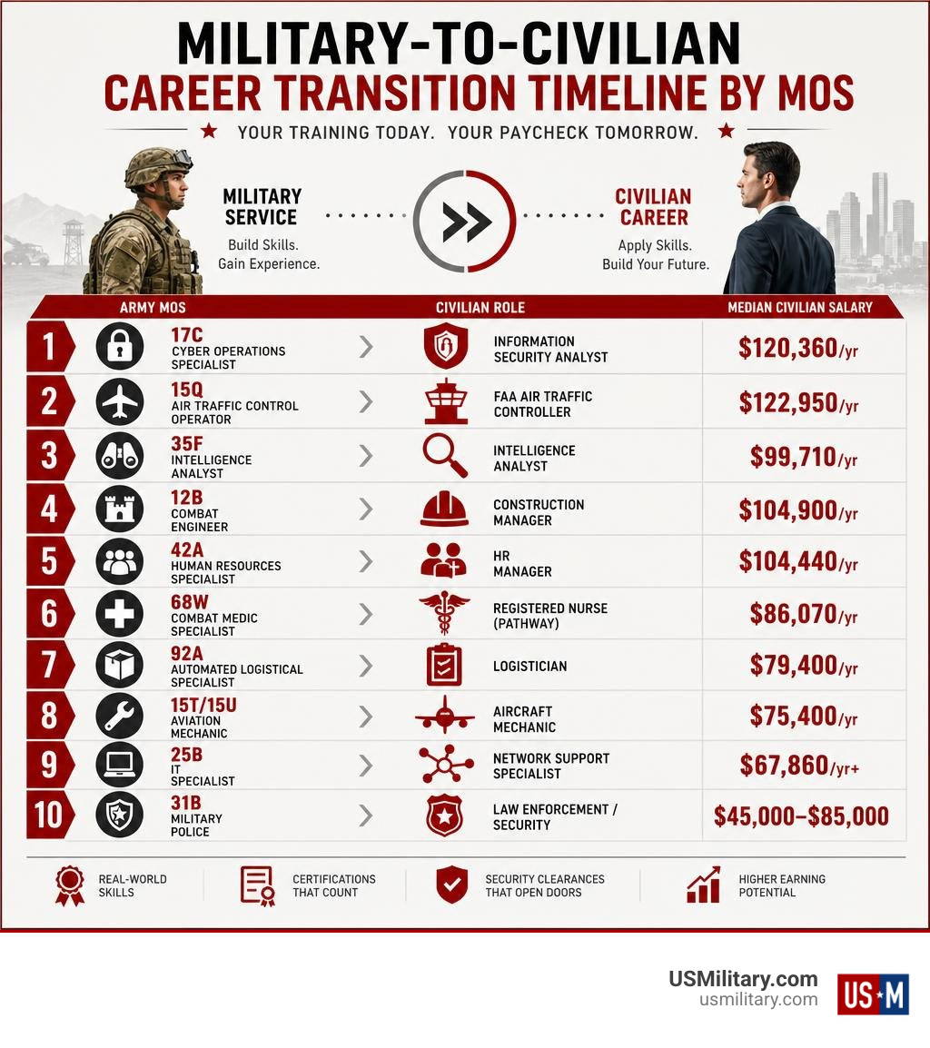 Military-to-civilian career transition timeline by MOS with civilian salary ranges infographic Military-to-civilian career transition timeline by MOS with civilian salary ranges infographic