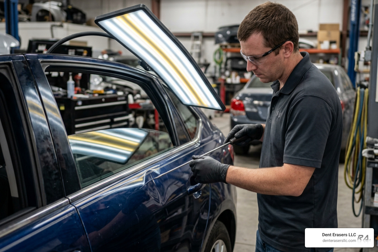 Close-up of a technician performing paintless dent repair with specialized lighting Close-Up Of A Technician Performing Paintless Dent Repair With Specialized Lighting