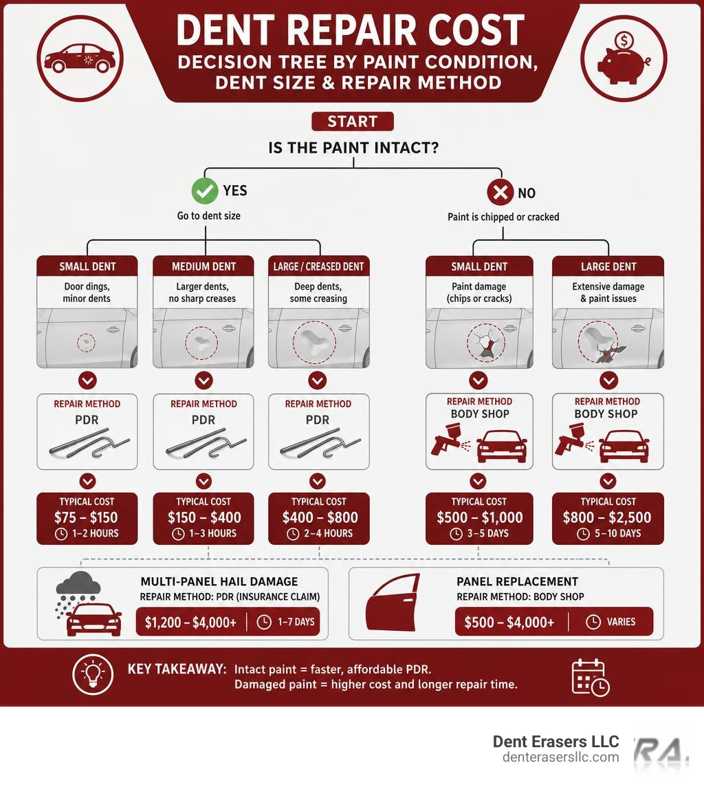 Dent repair cost decision tree by paint condition, dent size, and repair method infographic Dent Repair Cost Decision Tree By Paint Condition, Dent Size, And Repair Method Infographic