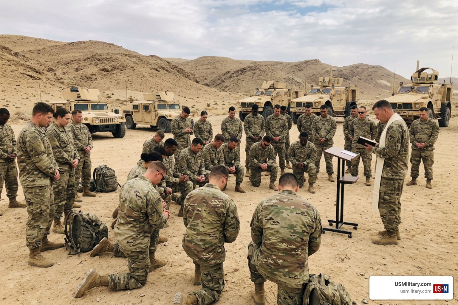 American soldiers gathering for a field chapel service during a deployment American soldiers gathering for a field chapel service during a deployment