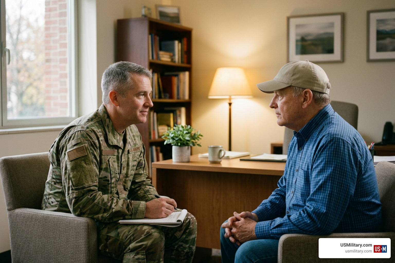 US military chaplain counseling a veteran US military chaplain counseling a veteran