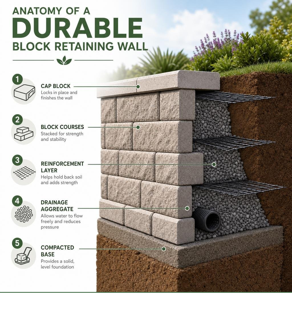 Anatomy of a durable block retaining wall showing base, drainage layer, block courses, backfill, and geogrid infographic
