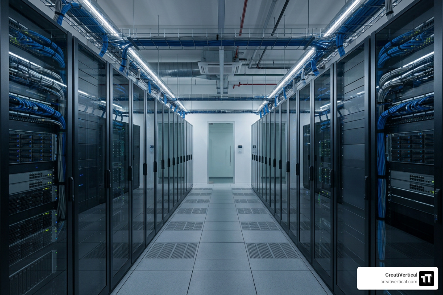 A secure, symmetrically aligned server room with clean cabling, soft cinematic lighting, and a modern technical atmosphere