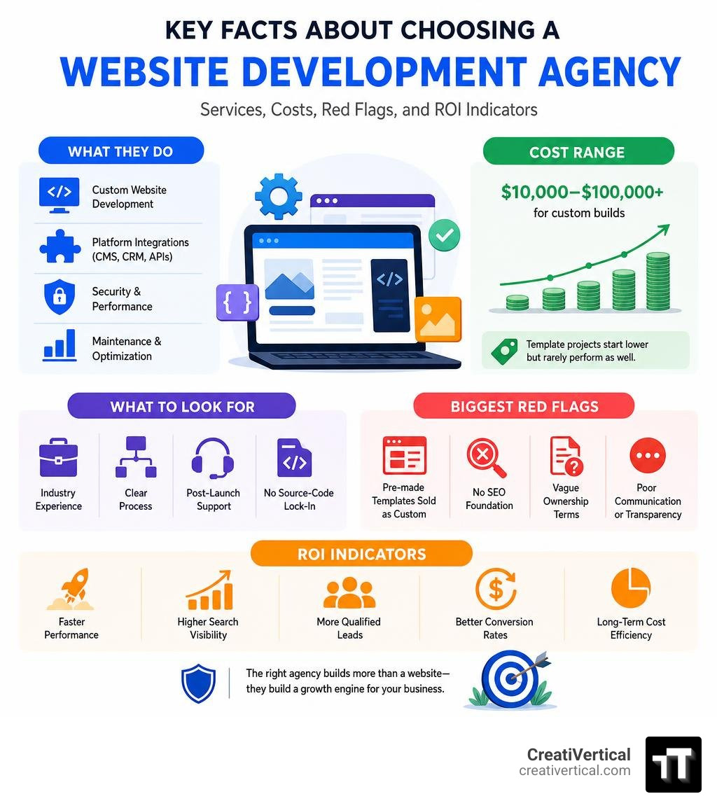 Key facts about choosing a website development agency: services, costs, red flags, and ROI indicators infographic