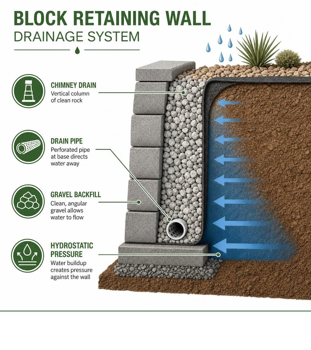 Block retaining wall drainage infographic showing chimney drain, drain pipe, gravel backfill, and hydrostatic pressure