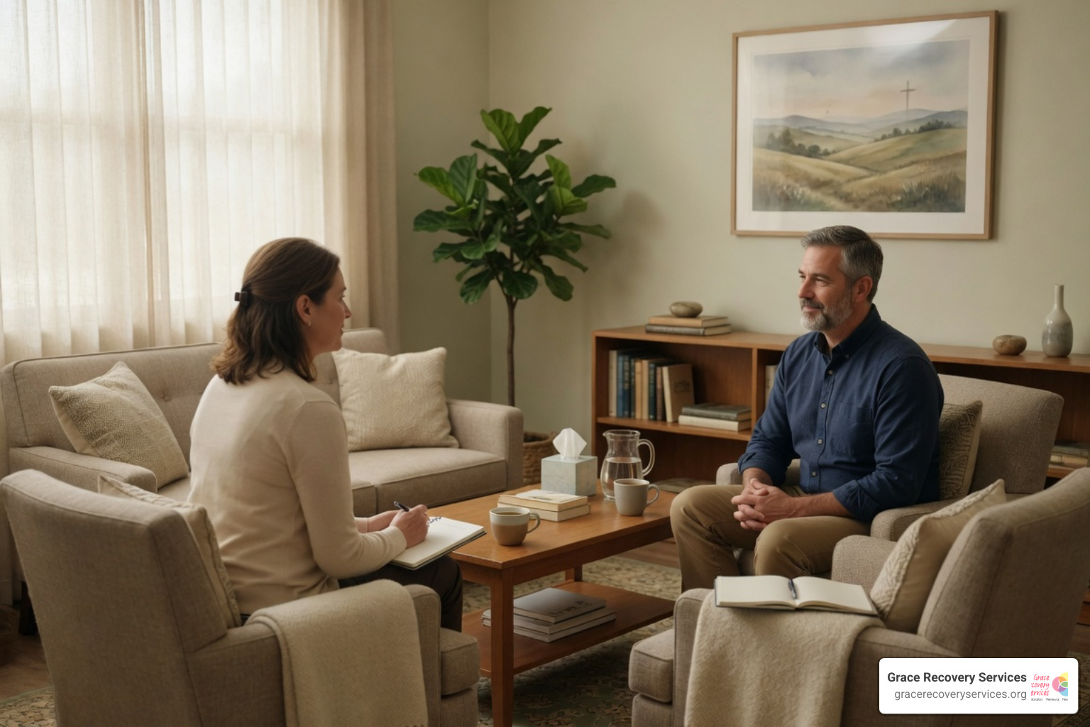 A therapist offering compassionate support during a counseling session A therapist offering compassionate support during a counseling session
