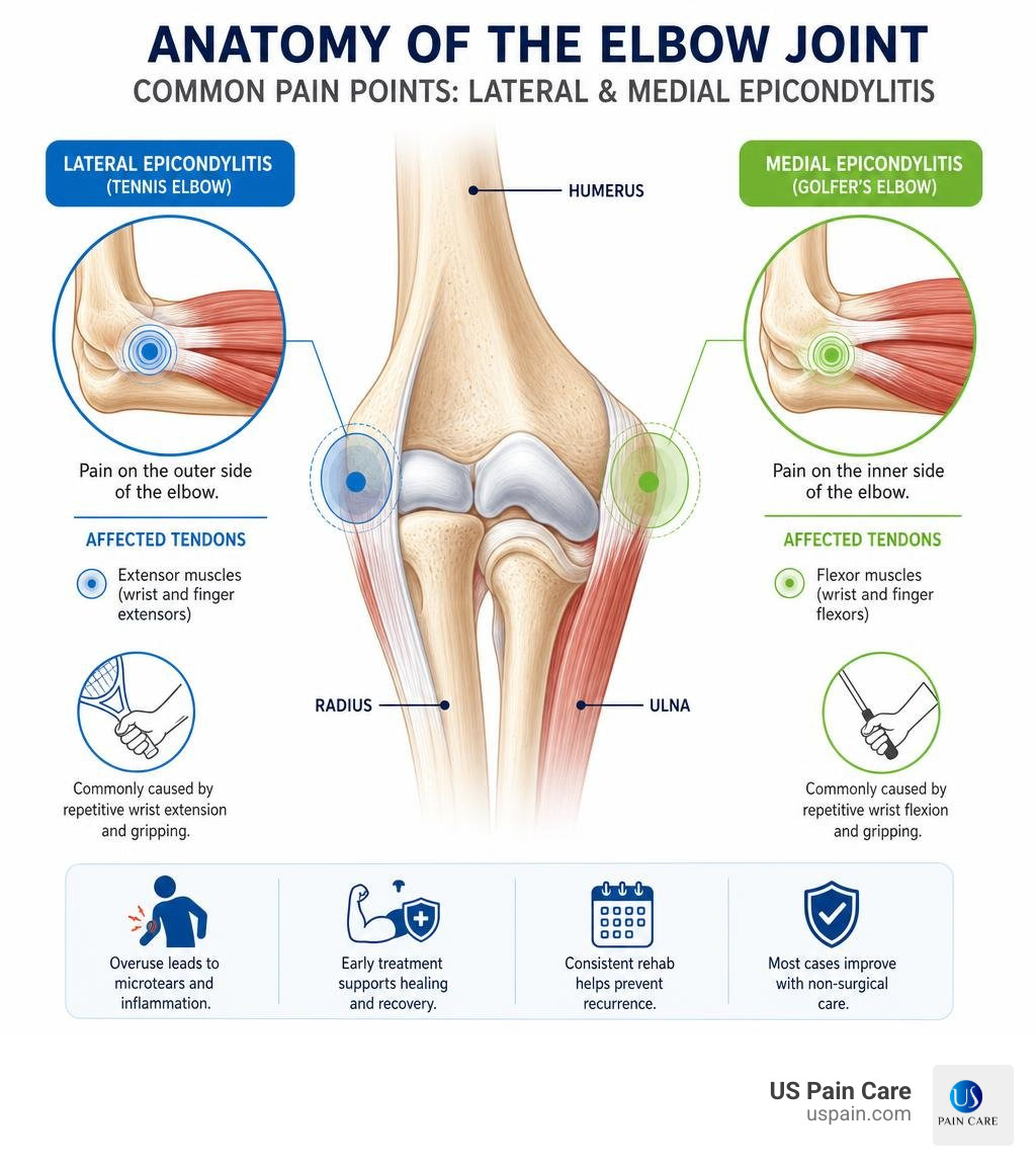 anatomy of the elbow joint showing common pain points for lateral and medial epicondylitis infographic