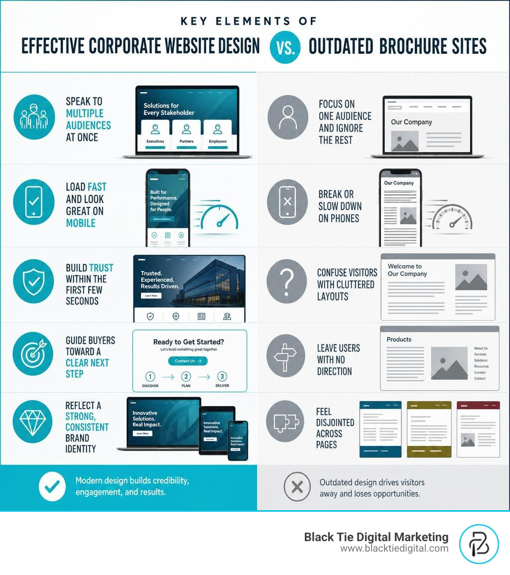 Key elements of effective corporate website design vs. outdated brochure sites infographic Key elements of effective corporate website design vs. outdated brochure sites infographic
