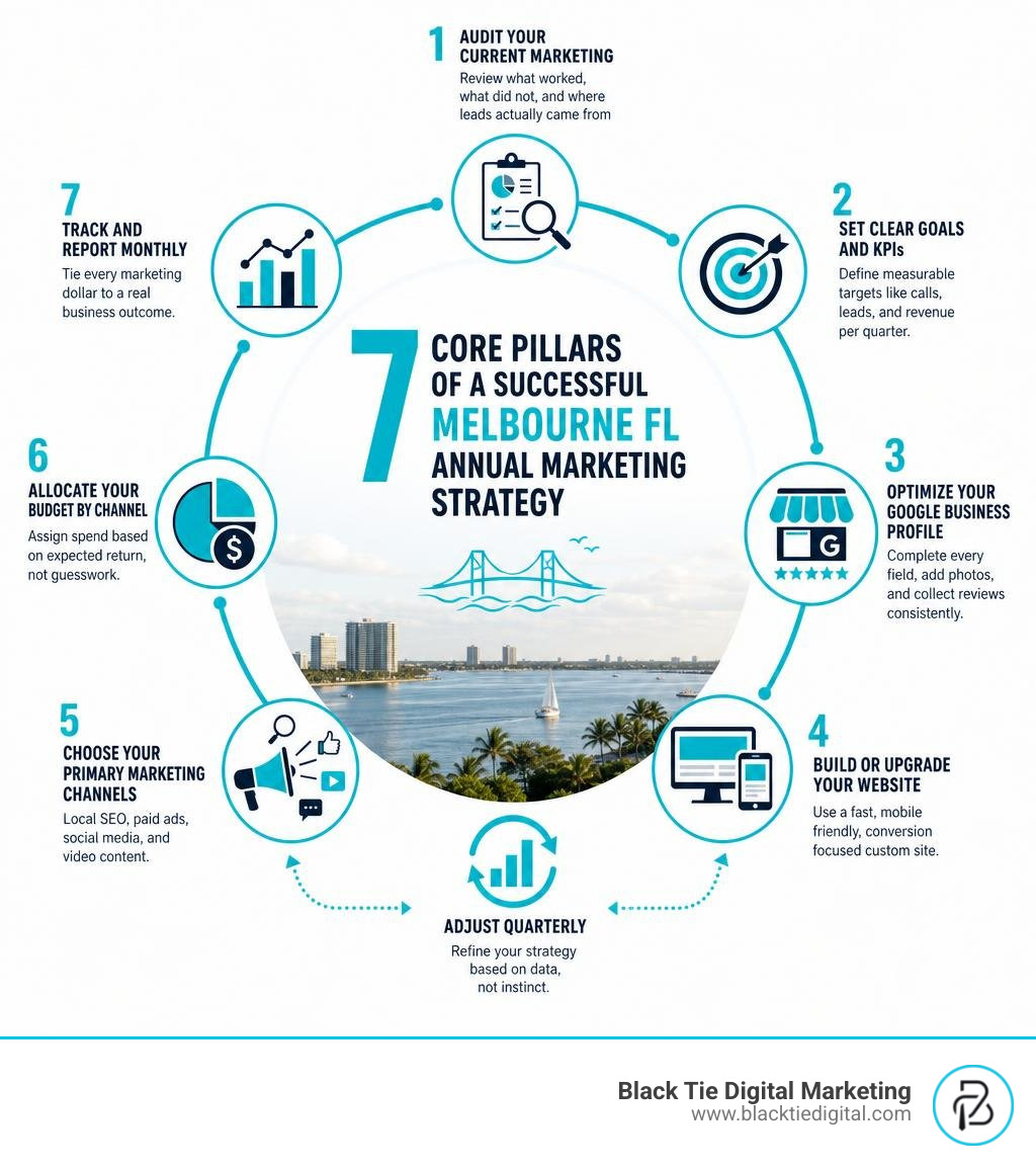 Infographic showing the 7 core pillars of a successful Melbourne FL annual marketing strategy infographic Infographic showing the 7 core pillars of a successful Melbourne FL annual marketing strategy infographic