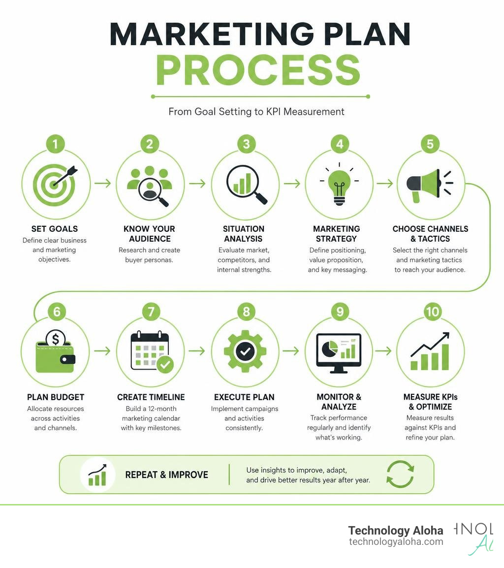 Marketing plan process infographic showing key steps from goal setting to KPI measurement infographic Marketing plan process infographic showing key steps from goal setting to KPI measurement infographic