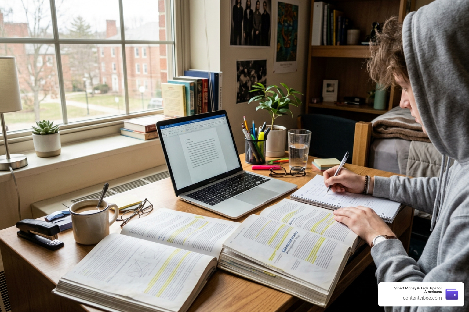 student textbooks and a laptop