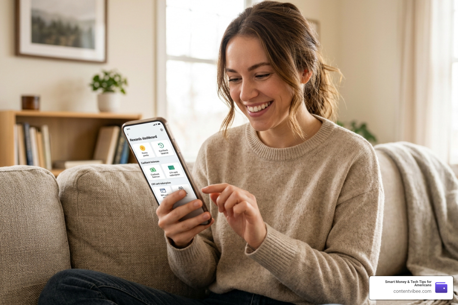 A highly satisfied customer successfully managing and redeeming their online banking rewards on a smartphone