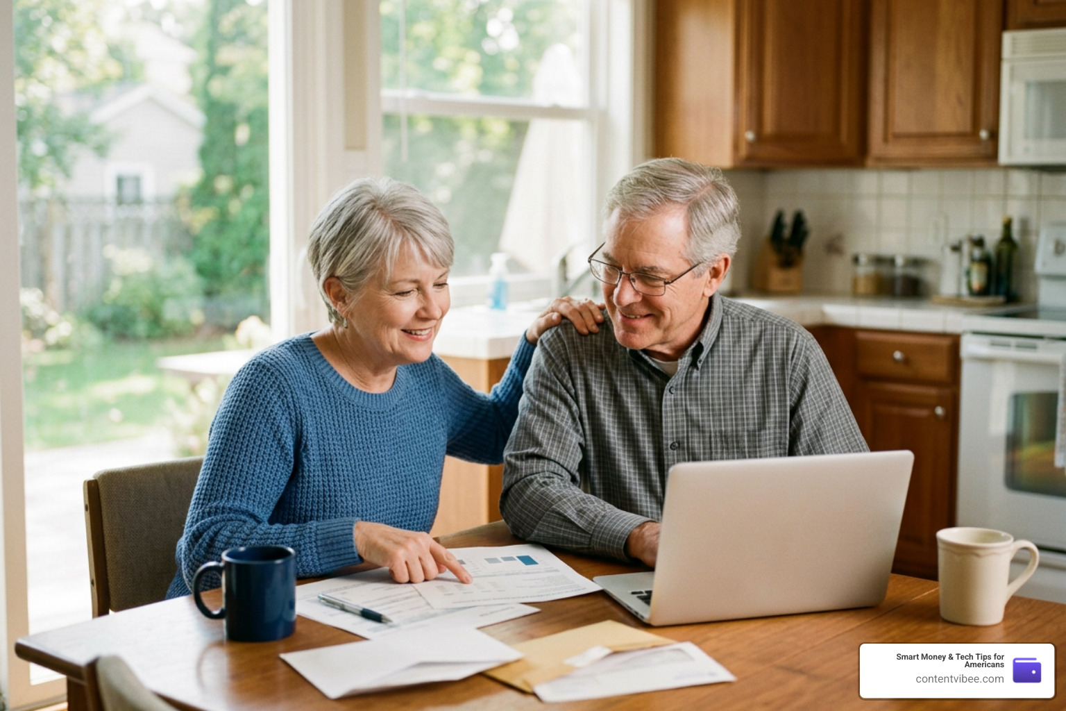 Retired couple happily reviewing their personal finance plan