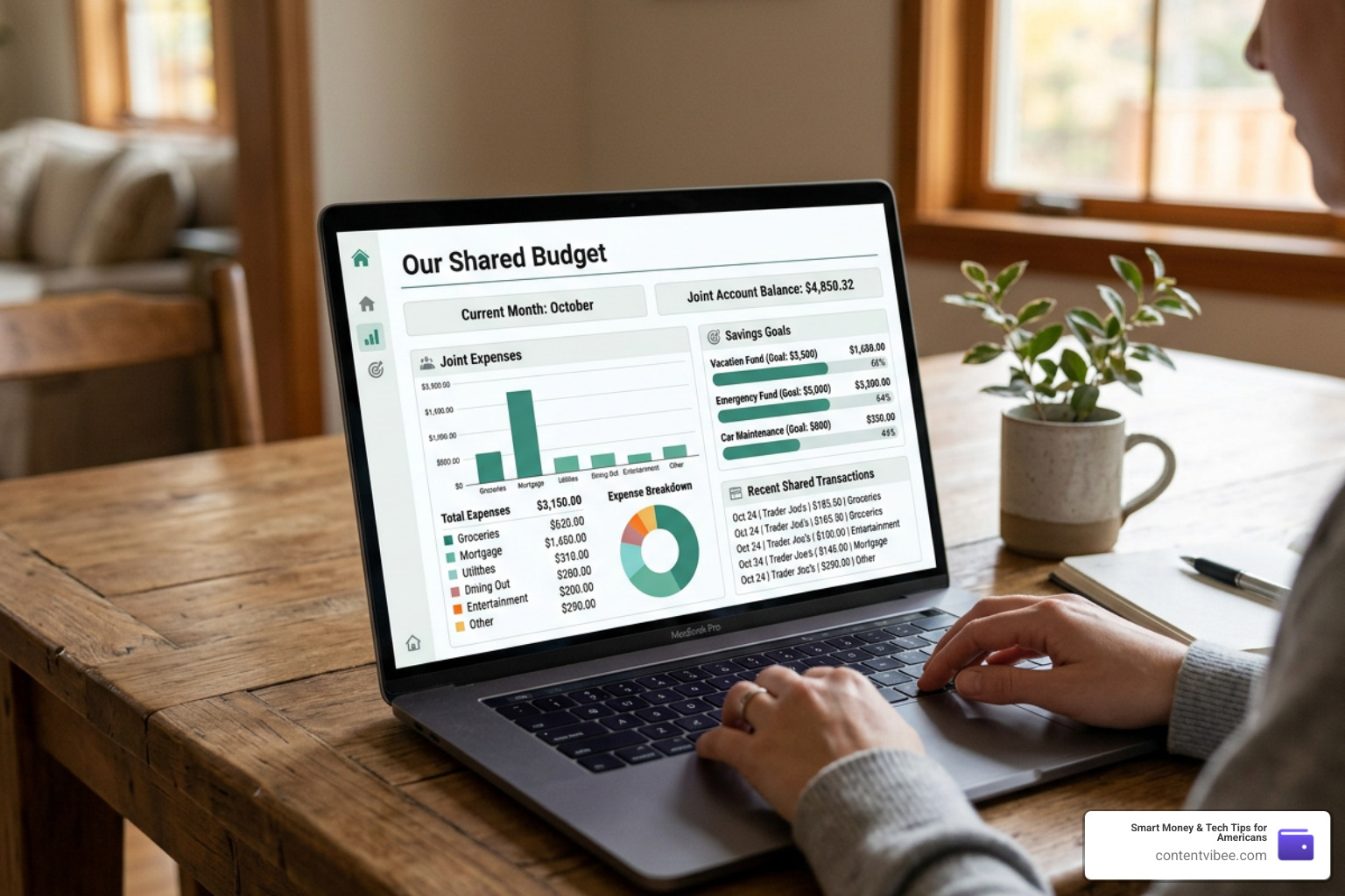 Collaborative budgeting dashboard showing joint expenses and savings goals