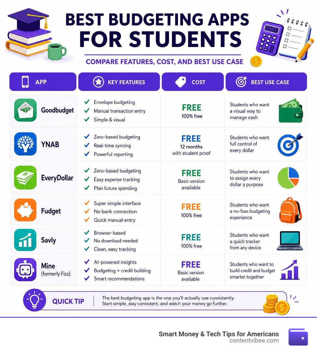 Best budgeting apps for students comparison infographic with features, cost, and best use case infographic