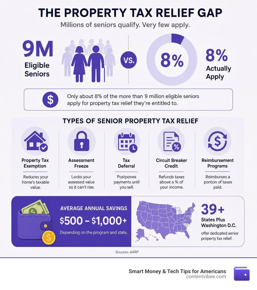 infographic showing the property tax relief gap: 9M eligible seniors vs 8% who apply, types of relief, and average savings