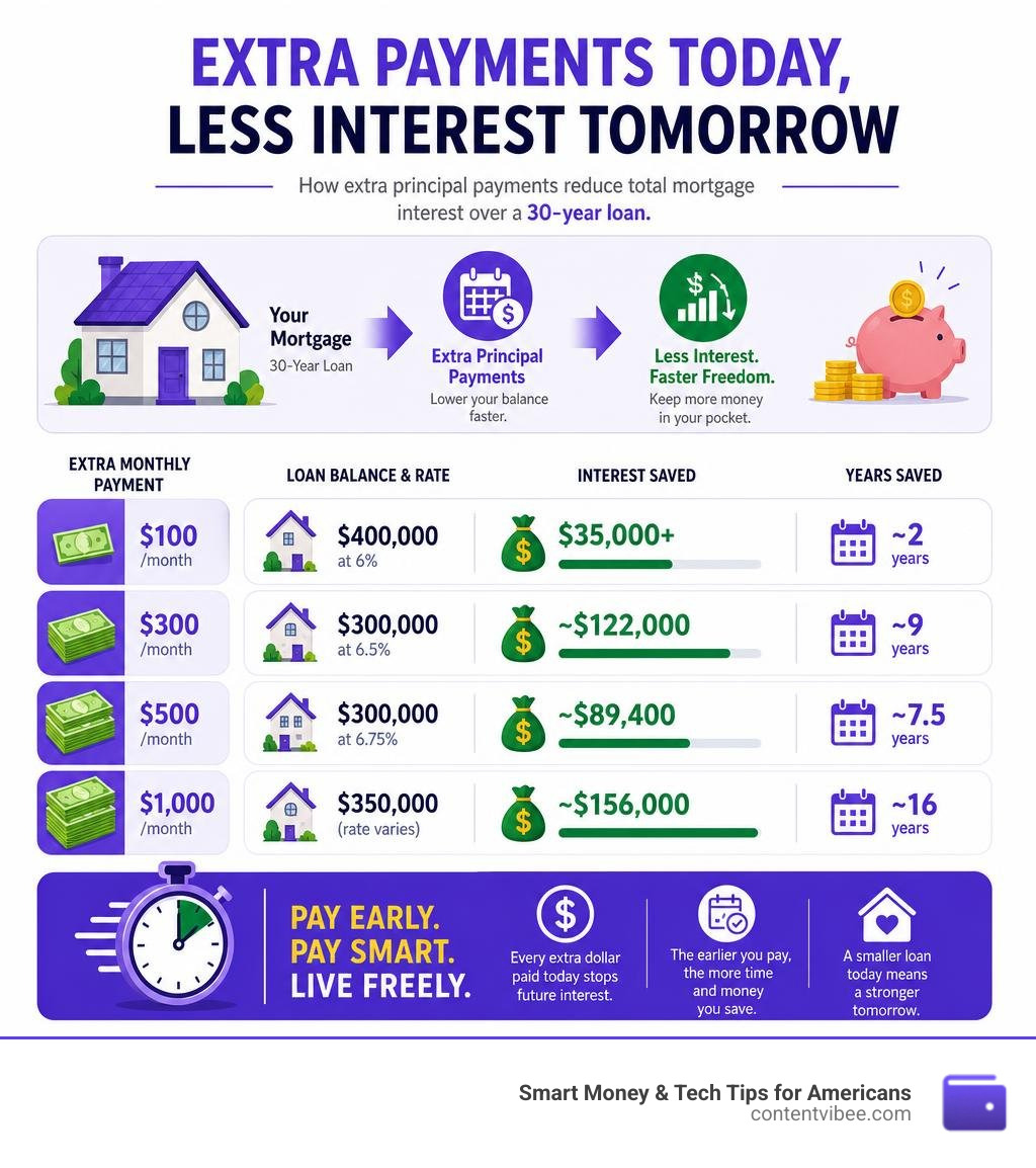 Infographic showing how extra principal payments reduce total mortgage interest over a 30-year loan infographic