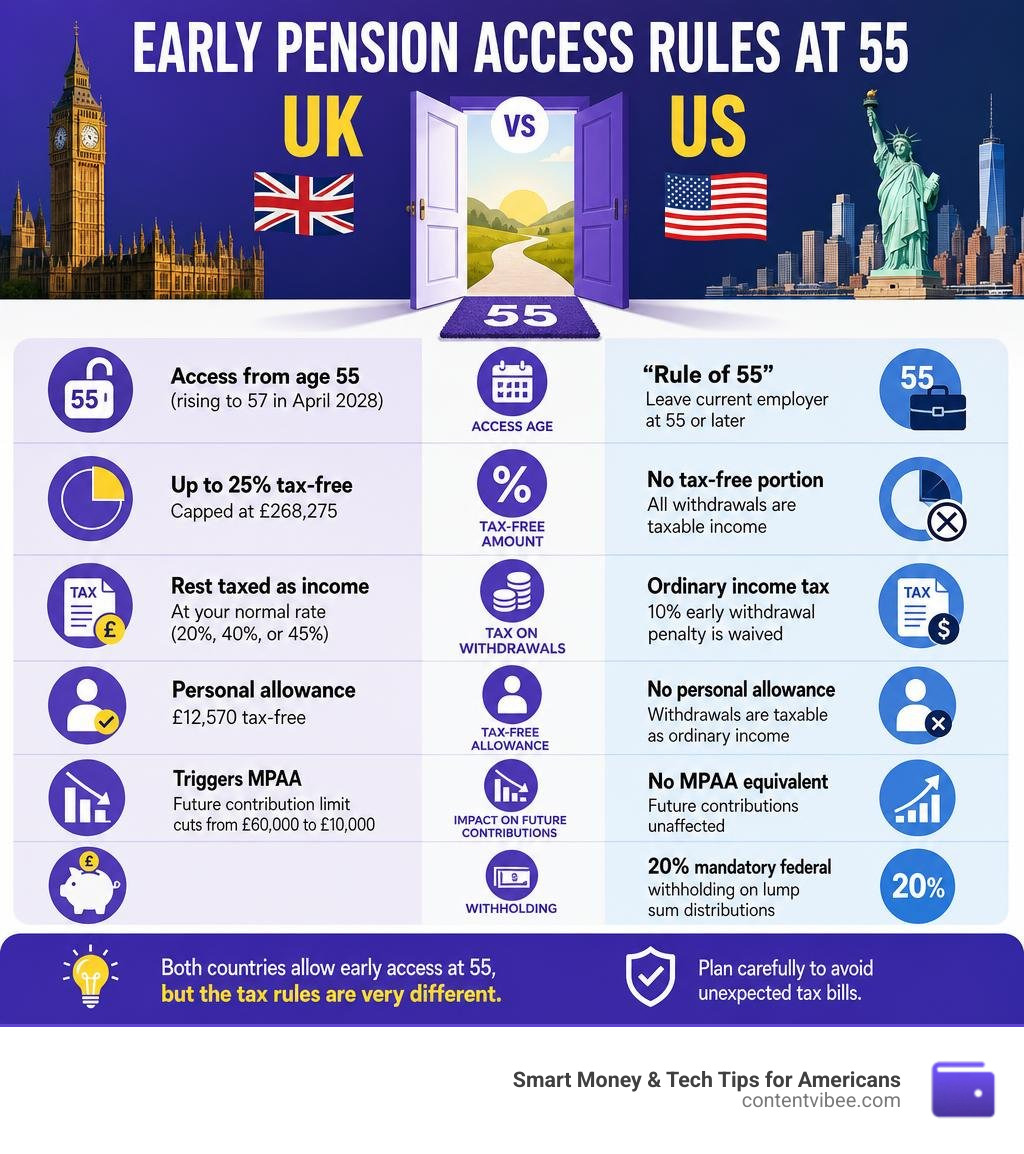 Early pension access rules at 55 UK vs US comparison infographic infographic