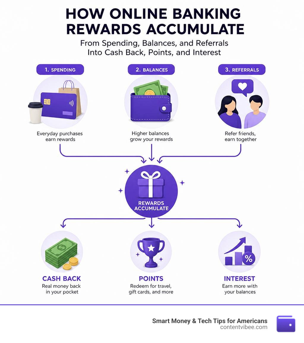 How online banking rewards accumulate from spending, balances, and referrals into cash back, points, and interest infographic