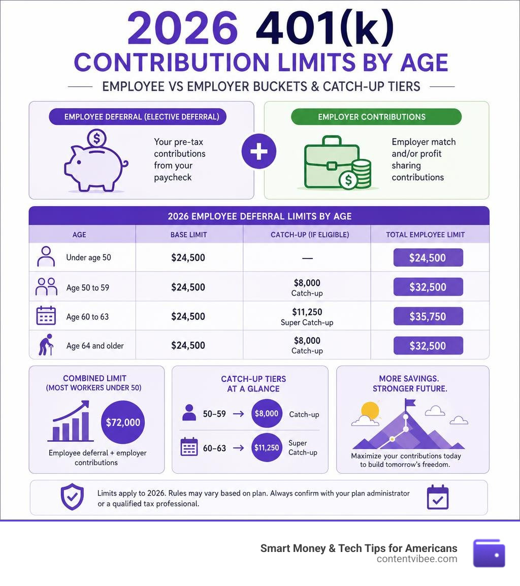 2026 401k contribution limits by age, employee vs employer buckets, and catch-up tiers infographic
