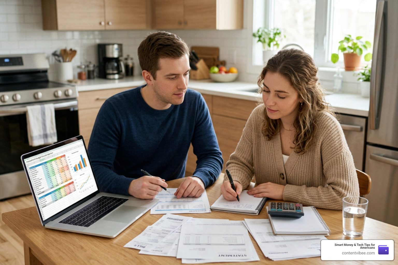 Couple discussing monthly household bills at the kitchen table