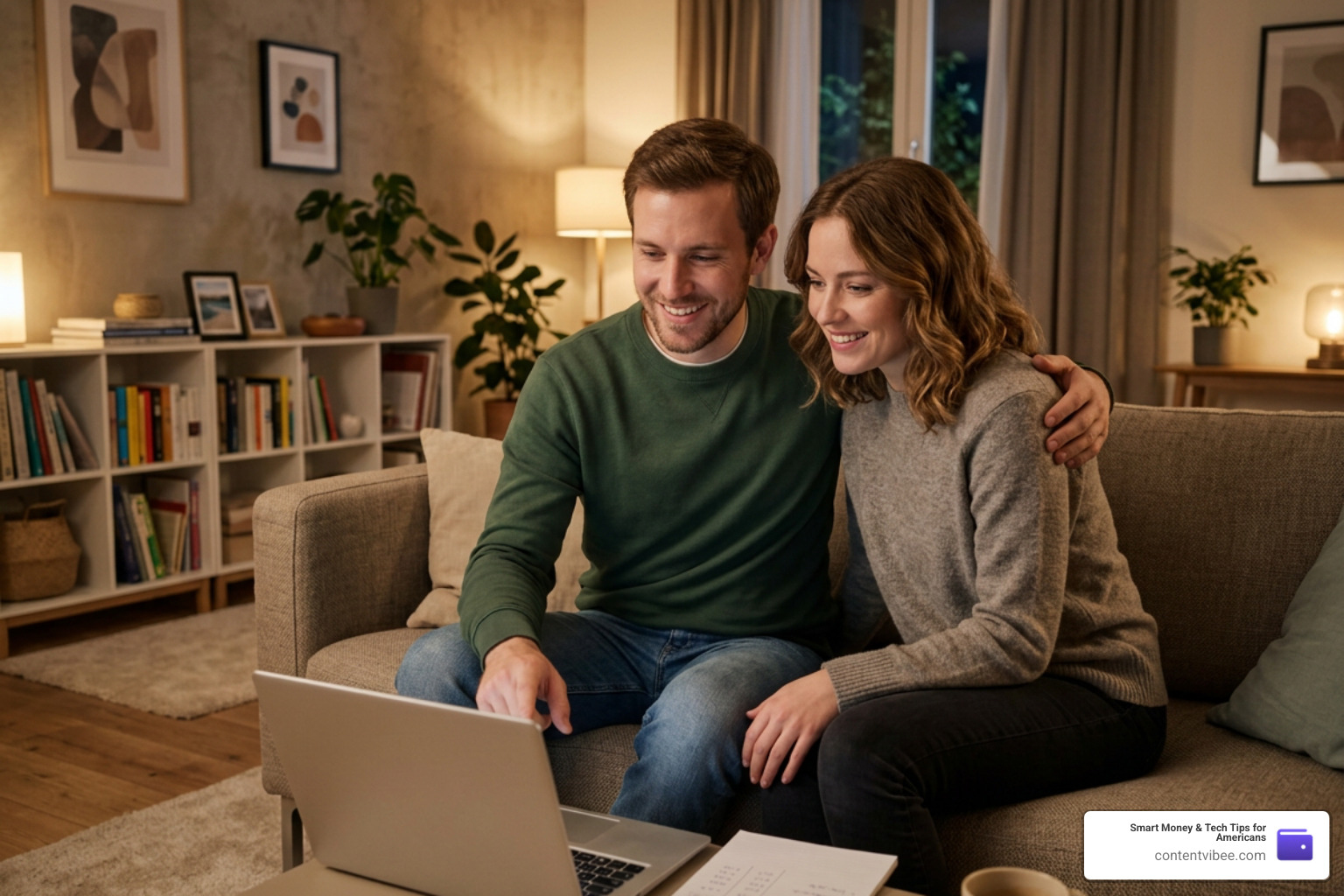 Couple planning their dream vacation and calculating savings goals on a couch