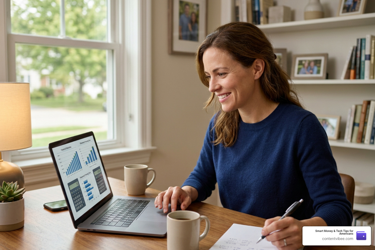 A person smiling at a laptop screen while reviewing retirement planning tools